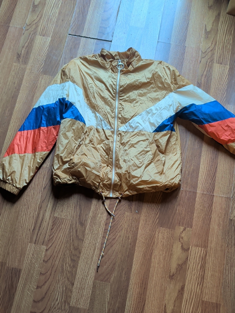 Bershka Gold Colorblock Bomber Jacket with Blue, White & Orange Stripes